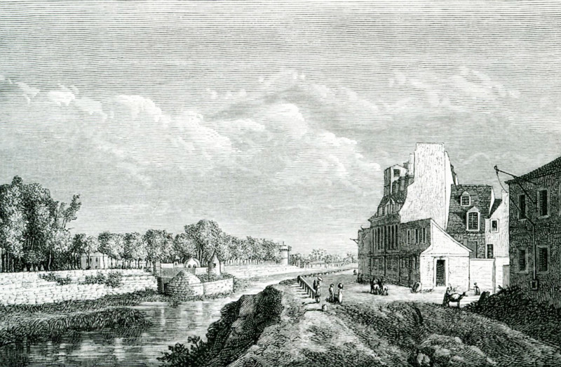 This view shows the ancient Arsenal and its gunpowder warehouse in Paris in the 1600s. The view is from the Contrescarpe Street. The river running through is the Seine.