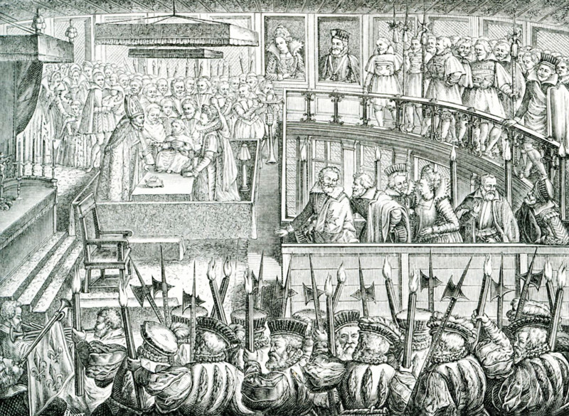 This print was titled : Representation of the ceremonies of the baptism of Mon. le Dauphin and Mes Dames, ses soeurs, at Fontainbleau, 14th day 7bre 1606. The artists responsible were Jean le Clerc and. L. Gaultier. Also noted in the ancient text, where the illustration appears, is that the ceremony represented took place 5 years after the birth of Louis XIII. The illustration shows the baptism of the dauphin (the future Louis XIII) and his sisters on september 14, 1606, at Fontainbleau in France. Louis XIII reigned from 1610 to 1643.
