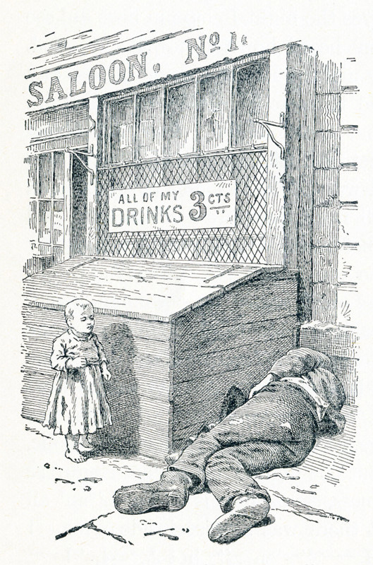 This late 19the-century illustration shows an everyday scene outide the Water Street Mission in New York City around 1900. The sign says : 'All my drinks 3 cents.' In 1872 businessman Frederick Hatch bought the property in Lower Manhattan that became the Water Street Mission. He had met Jerry McAuley and put him in charge of this new venture - America's first Rescue Mission.