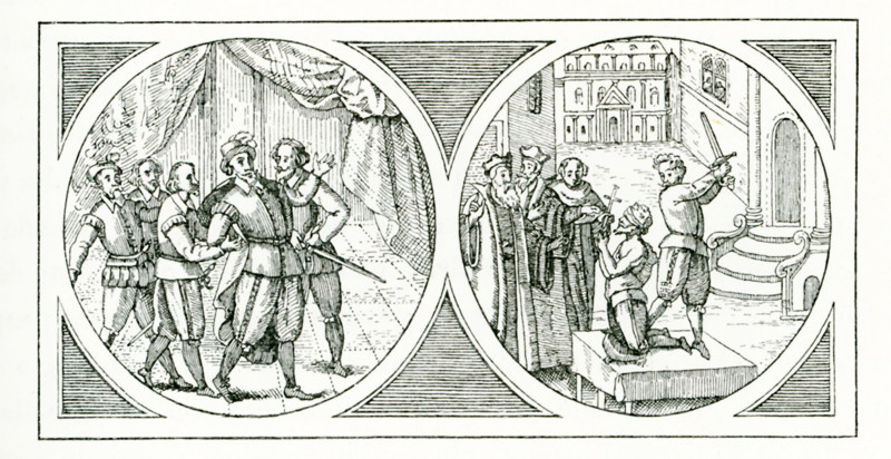 The Marshal de Biron (1562-1602)  was a French soldier, whose efforts won him renown. However, he then plotted to split France into sections and to assume for himself leadership of an independent Burgundy. He was accused in absentia of high treason  and then tricked into coming to Paris, where he was arrested (as seen in the (as seen in the illustration at left) and beheaded at the Bastille (as seen in the illustration at right) on July 31, 1602. The two illustrations here are the front and reserve sides of a medal from the time period.