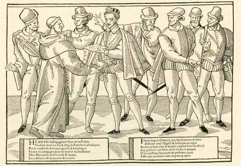 Henri III ruled France from 1574 until his death 1589, and he was the last in the Valois dynasty. A Dominican friar named Jacques Clement, who was seen as a religious fanatic, assassinated Henri. Henri of Navarre succeeded him. This illustration shows Henri III accepting from Clement what was supposed to be a secret message. As Clement hands the message over, he thrusts his knife into Heni's stomach. Henri's attendants kill Clement immediately. This print is from Rec. de l'Histoire de France 1589-1590.