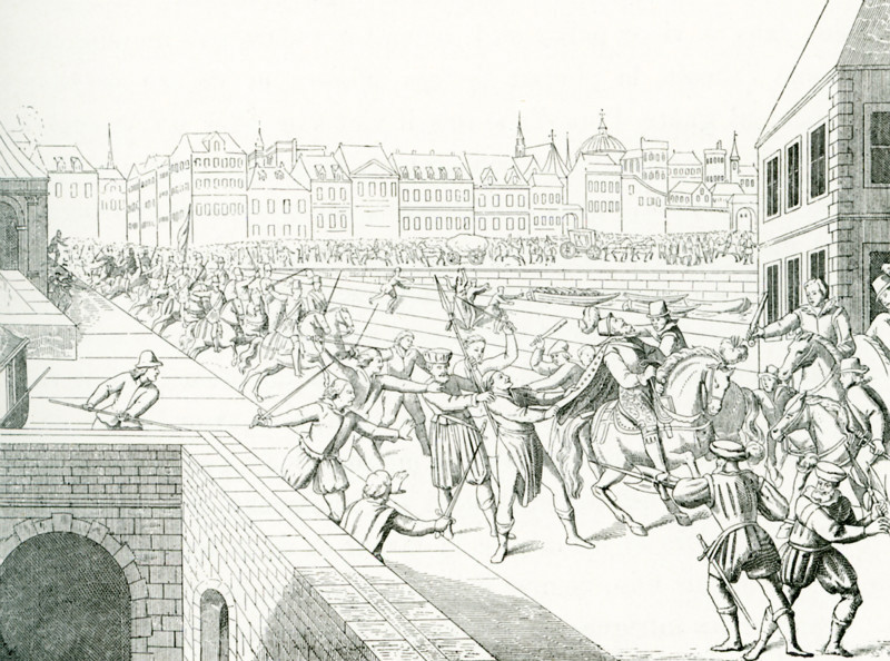 This scene shows the attempt against Henry IV on the Pont-Neuf. This deed is recorded in the memories of l'Estoile (1605). The author of this piece, a man by the name of Jacques de Iles, did not succeed in taking the king by his mantle; but, grasped the knife of a carrier he declared that he wished to kill the king. Despite that, by the express order of the king who wished to see in him a madman, he was not put on trial.