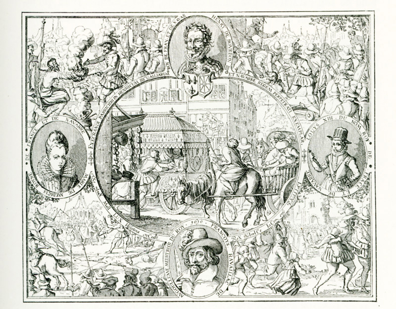 The caption for this engraving reads: Scenes of the attack and torture of Ravaillac, with portraits of Henri IV, Marie de Medicis, Louis XIII, Ravaillac; after an etching by an anonymous engraver. Francois Ravaillac murdered the French king Henry IV in 1610. He was a Catholic zealot and sought to persuade Henry IV to convert the Huguenots to Catholicism. Ravaillac was arrested after the assassination and tortured to divulge his acocmplices, but he maintained he had none. He was condemned to death. Henry IV was succeeded by his son Louis XIII. Marie de Medicis was the wife of Henry IV.