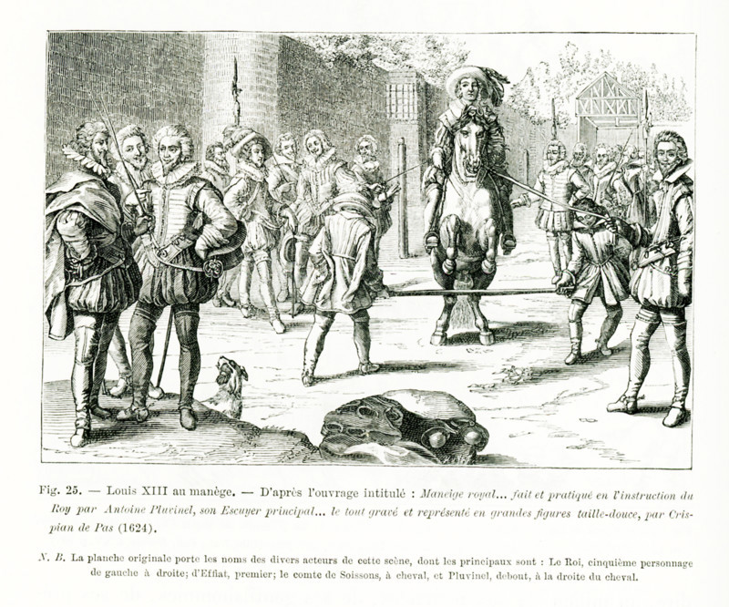 The caption for this engraving is: Louis XIII at the armoury. The work was titled: Royal armory... fact and practical instruction by Antoine Pluvinel, his principal squire... all serious and represented inlarge engraved figures, by the Dutch publisher Crispian de Pas in 1624. N.B. The original print bears the names of various actors in this scene. The principal ones are: The king, the fifth character from left to right; Effiat, the premier; the count of Soissons, on horse; and Pluvinel standing to the right of the horse.