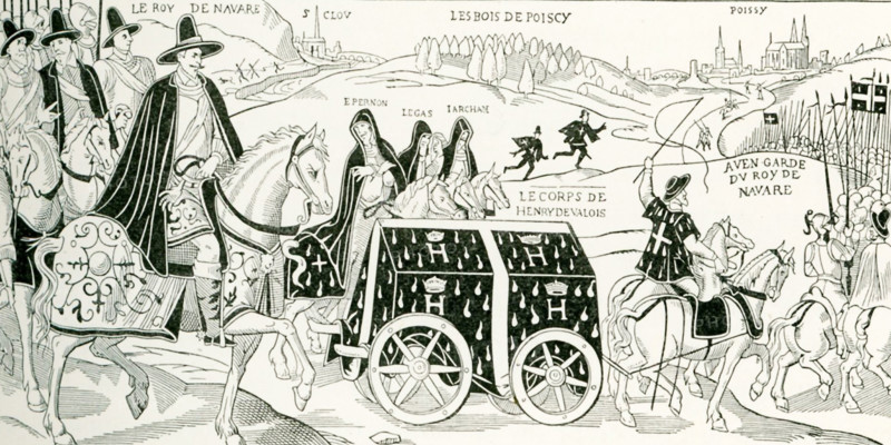 The illustration shows the bringing of the remains of the assassinated Henri III to Poissy, in north-central France. The caption that accompanied it in an 1878 text noted that all were traveling from Paris along Montorgueil Street to Bon Pasteur. Henri III had been assassinated by a religious fanatic, a Dominican friar named Jacques Clement, on August 1 1589. It was the time of the Protestant Reformation and conflicts known as the Wars of Religion.