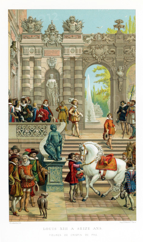 This chromolithograph shows the French king Louis XIII at age 16, the age he was when he took control of the country as king.. He is the figure in the yellowish outfit, with a plumed hat, at the top of the stairs. He is preparing to mount his horse, being held by attendants. Louis had ascended the throne as a minor, in 1610, and so his mother, Marie de' Medici, ruled as regent. He turned 13 in 1614, but Marie continued as regent and ruler til 1617, when Louis at age 16, with his supporters, overthrew  his mother and her supporters. This lithogrpah is by Crispin de Pas, a well-known Dutch publisher and engraver who died in 1637.