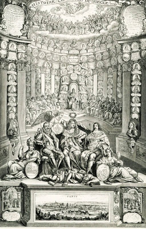 The caption for this engraving reads: 'General History of the Century. The small image, inserted at the base of the piece, is a view of Paris by Merian.' The century involved  is the 17th (1600s). The illustration served as a frontispiece and was done by Boquet. The banner at top reads, in French: Histoire Generale du Siecle 1700. Seated in the forefront are the kings of France in the 1600s - Henry IV, Louis XIII, Louis XIV. Members of the clergy are in a semi-circle behind.