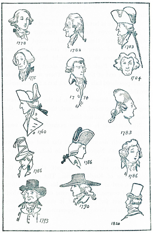 The hairstyles shown in this 1907 illustration shows those preferred by Eglish gentlemen between 1778 and 1820.