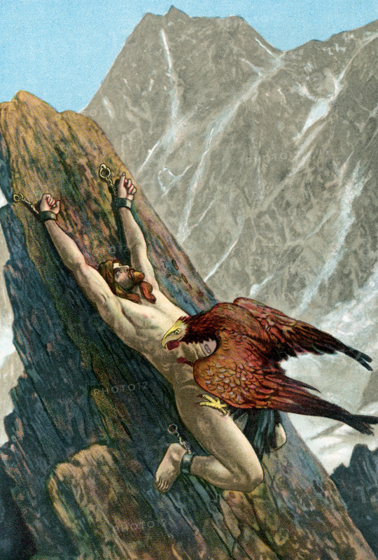 Prometheus was punished by Zeus (Jupiter) because he stole fire to give back to mankind. He was chained to a rock in the Caucasus Mountains, and every day an eagle came and ate part of his liver. Each night, his liver would regrow, which meant he had to endure his punishment for eternity. The Greek hero Heracles (Hercules) , with Zeus' permission, later killed the eagle and freed Prometheus from this torment.