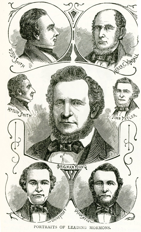 The caption of this 19th century illustration identifies these individuals as the “Leading Mormons.” They are, top to bottom, from left to right: Joseph Smith, Heber Kimball, John Taylor, Hyrum Smith, Brigham Young, Orson Pratt, Orson Hyde. The Church of Jesus Christ of Latter-day Saints, informally known as the LDS Church or Mormon Church, is a restorationist, nontrinitarian Christian denomination and the largest group in the Latter Day Saint movement. The church is headquartered in the United States in Salt Lake City, Utah and has established congregations and built temples worldwide.  The church's core beliefs, circa 1842, are summarized in the 'Articles of Faith', and its four primary principles are faith in Jesus Christ, repentance, baptism by immersion for the remission of sin, and the laying on of hands for the Gift of the Holy Ghost.