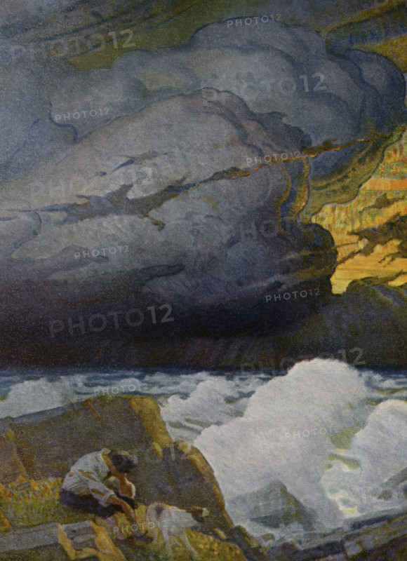 The caption for this image by NC Wyeth that accompanies the tale of Robinson Crusoe by Daniel Defoe reads: 'All this while I sat upon the ground  very much terrified and dejected.” Robinson Crusoe is a novel written by the English novelist Daniel Defoe and published in 1719. A fictional autobiography,  it tells the tale of an English castaway named  Robinson Crusoe (seen here sitting dejected) who spent 28 years on a remote tropical island near Venezuela before he was rescued.  Newell Convers Wyeth, known as N. C. Wyeth, was an American artist and illustrator. He was the pupil of artist Howard Pyle and became one of America's greatest illustrators.