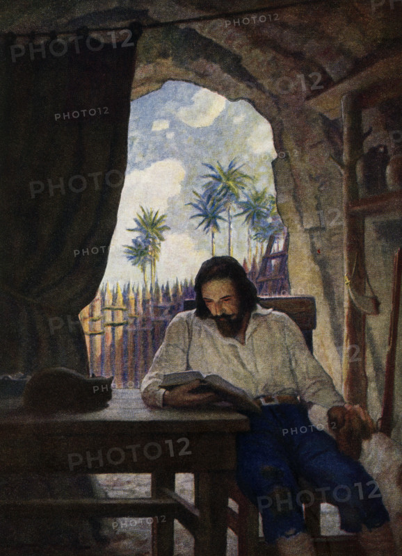 The caption for this image by NC Wyeth that accompanies the tale of Robinson Crusoe by Daniel Defoe reads: ' In the morning I took the Bible. and beginning at the New Testament I began seriously to read it.” Robinson Crusoe is a novel written by the English novelist Daniel Defoe and published in 1719. A fictional autobiography,  it tells the tale of an English castaway named  Robinson Crusoe (seen here with his dog and cat) who spent 28 years on a remote tropical island near Venezuela before he was rescued.  Newell Convers Wyeth, known as N. C. Wyeth, was an American artist and illustrator. He was the pupil of artist Howard Pyle and became one of America's greatest illustrators.