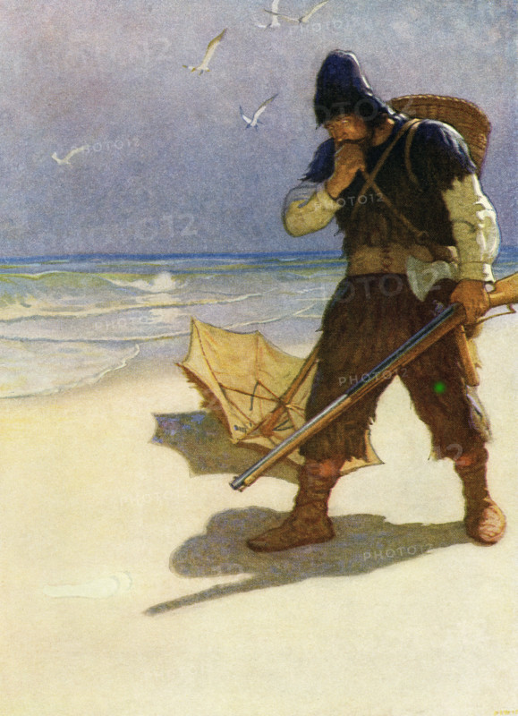 The caption for this image by NC Wyeth that accompanies the tale of Robinson Crusoe by Daniel Defoe reads: 'I stood like one thunderstruck or or as if I had seen an apparition.” Robinson Crusoe is a novel written by the English novelist Daniel Defoe and published in 1719. A fictional autobiography,  it tells the tale of an English castaway named  Robinson Crusoe (seen here on beach with umbrella) who spent 28 years on a remote tropical island near Venezuela before he was rescued.  Newell Convers Wyeth, known as N. C. Wyeth, was an American artist and illustrator. He was the pupil of artist Howard Pyle and became one of America's greatest illustrators.