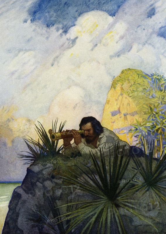The caption for this image by NC Wyeth that accompanies the tale of Robinson Crusoe by Daniel Defoe reads: ' I laid me down flat on my belly on the ground and began to look for the place.” Robinson Crusoe is a novel written by the English novelist Daniel Defoe and published in 1719. A fictional autobiography,  it tells the tale of an English castaway named  Robinson Crusoe (seen here on cliff with spyglass) who spent 28 years on a remote tropical island near Venezuela before he was rescued.  Newell Convers Wyeth, known as N. C. Wyeth, was an American artist and illustrator. He was the pupil of artist Howard Pyle and became one of America's greatest illustrators.