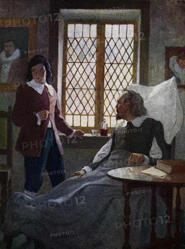 Thre caption for this image by NC Wyeth that accompanies the tale of Robinson Crusoe by Dniel Defoe reads: 'My father, a wise and grave man, gave me serious and excellent counsel against what he foresaw was my design.' Robinson Crusoe is a novel written by the English novelist Daniel Defoe and published in 1719. A fictional autobiography,  it tells the tale of an English castaway named  Robinson Crusoe (seen here with his father) who spent 28 years on a remote tropical island near Venezuela before he was rescued.  Newell Convers Wyeth, known as N. C. Wyeth, was an American artist and illustrator. He was the pupil of artist Howard Pyle and became one of America's greatest illustrators.