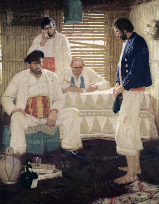The caption for this image reads: “On replying yes, something was put down on a piece of pace, and he was waved outside.” Omoo or “A Narrative of Adventures in the South Seas,” is a novel by the American novelist Herman Melville. Published in 1847, it was a sequel to Melville’s novel Typee. Based on his own experiences in the South Pacific, this episodic novel, in a more comical vein than that of Typee, tells of the narrator’s participation in a mutiny on a whale ship and his subsequent wanderings in Tahiti with the ship’s former doctor, Long Ghost. Herman Melville (1819-1891) was an American novelist, short story writer, and poet of the American Renaissance period. Among his best-known works are Moby-Dick; Typee (a romanticized account of his experiences in Polynesia), Omoo, and Billy Budd. The illustrator is Mead Schaeffer.
