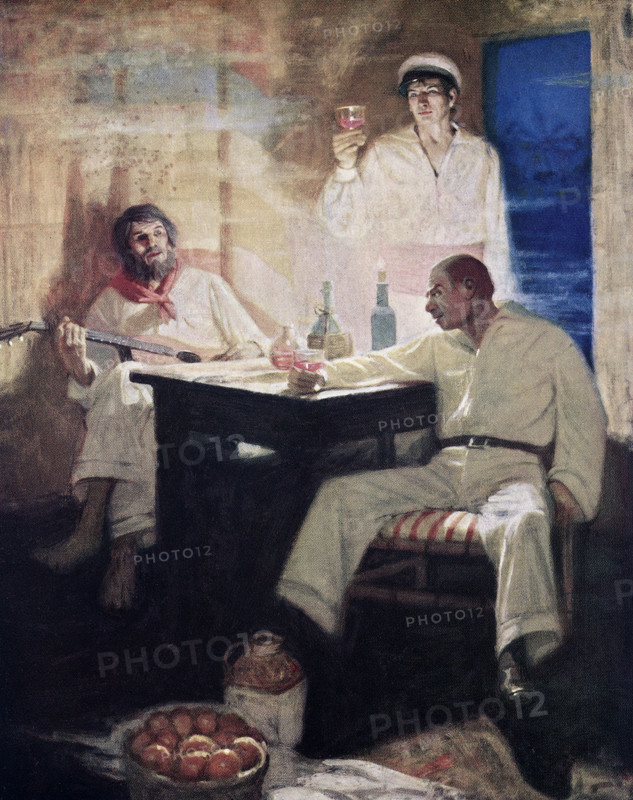 The caption for this image reads: “The consul and his party were making merry.” Omoo or “A Narrative of Adventures in the South Seas,” is a novel by the American novelist Herman Melville. Published in 1847, it was a sequel to Melville’s novel Typee. Based on his own experiences in the South Pacific, this episodic novel, in a more comical vein than that of Typee, tells of the narrator’s participation in a mutiny on a whale ship and his subsequent wanderings in Tahiti with the ship’s former doctor, Long Ghost. Herman Melville (1819-1891) was an American novelist, short story writer, and poet of the American Renaissance period. Among his best-known works are Moby-Dick; Typee (a romanticized account of his experiences in Polynesia), Omoo, and Billy Budd. The illustrator is Mead Schaeffer.