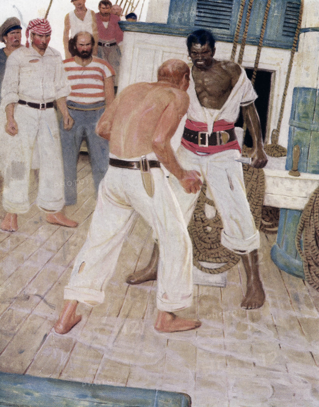 The caption for this image reads: “Omoo. Coward cried Salem and he flung himself upon him.” Omoo or “A Narrative of Adventures in the South Seas,” is a novel by the American novelist Herman Melville. Published in 1847, it was a sequel to Melville’s novel Typee. Based on his own experiences in the South Pacific, this episodic novel, in a more comical vein than that of Typee, tells of the narrator’s participation in a mutiny on a whale ship and his subsequent wanderings in Tahiti with the ship’s former doctor, Long Ghost. Herman Melville (1819-1891) was an American novelist, short story writer, and poet of the American Renaissance period. Among his best-known works are Moby-Dick; Typee (a romanticized account of his experiences in Polynesia), Omoo, and Billy Budd.