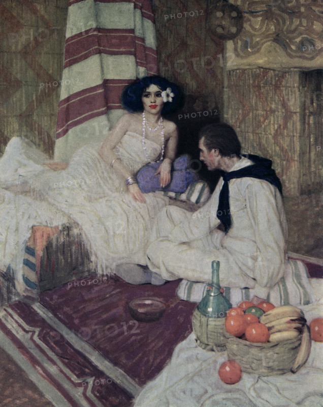 The caption for this image reads: Omoo - 'We dropped in one evening and found the ladies at home-Omoo and Miss Ideea.' Omoo or “A Narrative of Adventures in the South Seas,” is a novel by the American novelist Herman Melville. Published in 1847, it was a sequel to Melville’s novel Typee. Based on his own experiences in the South Pacific, this episodic novel, in a more comical vein than that of Typee, tells of the narrator’s participation in a mutiny on a whale ship and his subsequent wanderings in Tahiti with the ship’s former doctor, Long Ghost. Herman Melville (1819-1891) was an American novelist, short story writer, and poet of the American Renaissance period. Among his best-known works are Moby-Dick; Typee (a romanticized account of his experiences in Polynesia), Omoo, and Billy Budd. The illustrator is Mead Schaeffer.