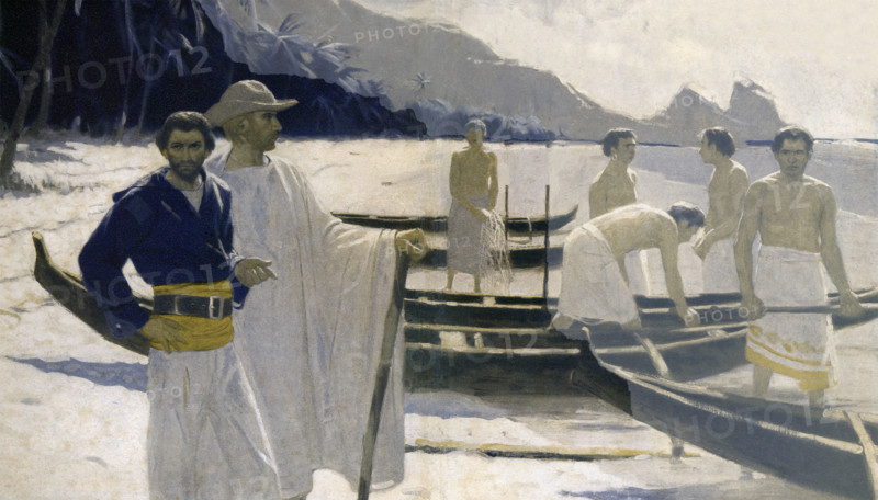 Pictured here are Omoo and his crew. Omoo or “A Narrative of Adventures in the South Seas,” is a novel by the American novelist Herman Melville. Published in 1847, it was a sequel to Melville’s novel Typee. Based on his own experiences in the South Pacific, this episodic novel, in a more comical vein than that of Typee, tells of the narrator’s participation in a mutiny on a whale ship and his subsequent wanderings in Tahiti with the ship’s former doctor, Long Ghost. Herman Melville (1819-1891) was an American novelist, short story writer, and poet of the American Renaissance period. Among his best-known works are Moby-Dick; Typee (a romanticized account of his experiences in Polynesia), Omoo, and Billy Budd. The illustrator is Mead Schaeffer.