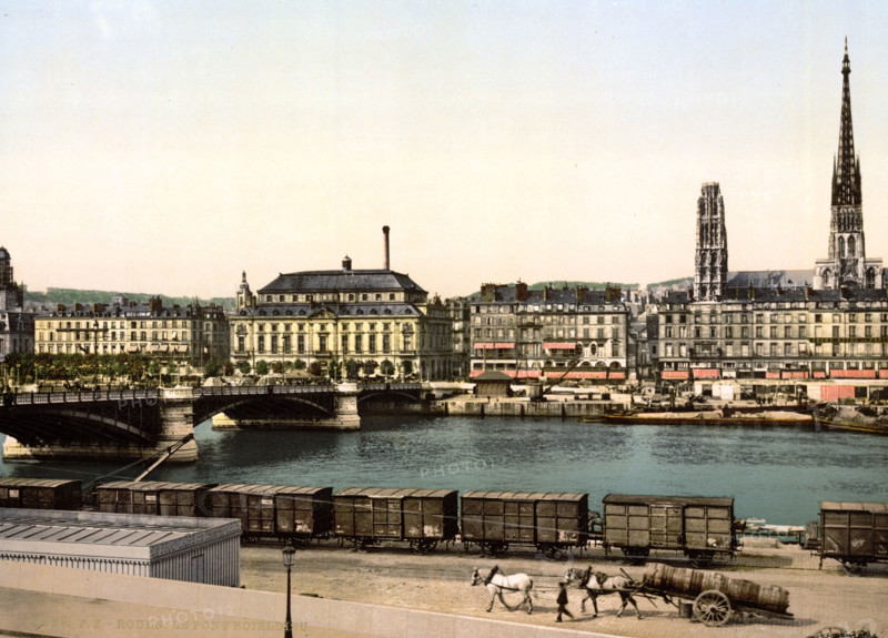 The Boieldieu Bridge in St. Sever, Normandy, France, Historical, digitally restored reproduction from a 19th century original.