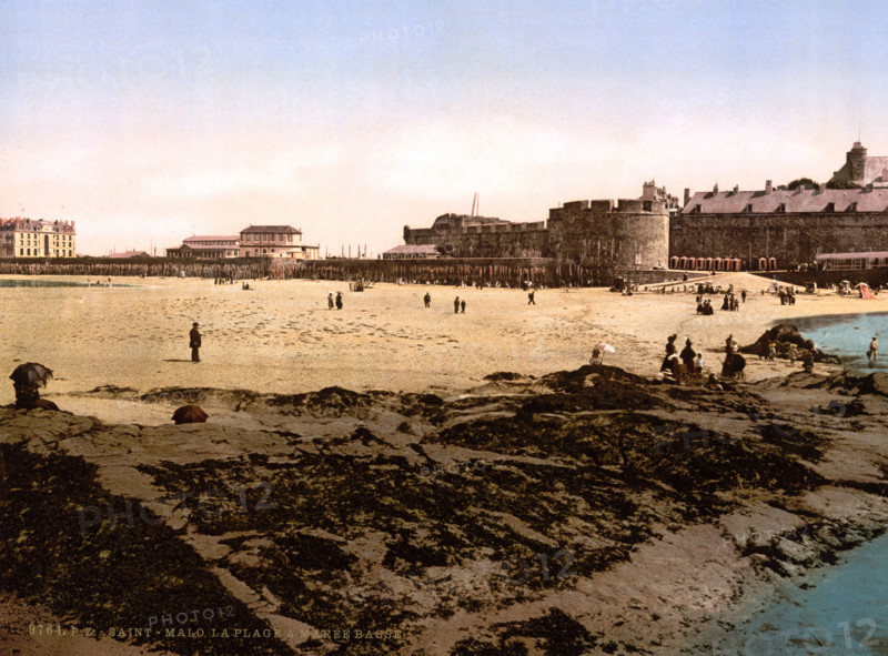 Beach at low tide, Brittany, France, Historical, digitally restored reproduction from an original from the 19th century.