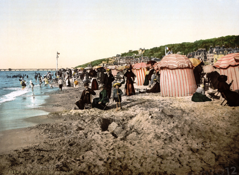The beach during the bathing season, France, historical, digitally restored reproduction from an original from the 19th century.