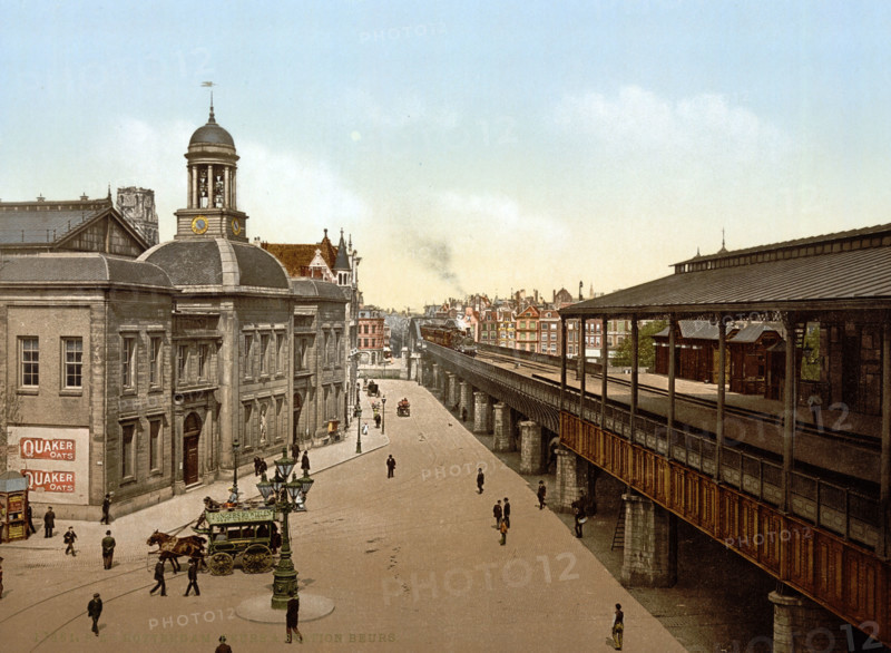 The Stock Exchange and the Bourse Station, Netherlands, around 1895, Historical, digitally restored reproduction from an original from the 19th century.