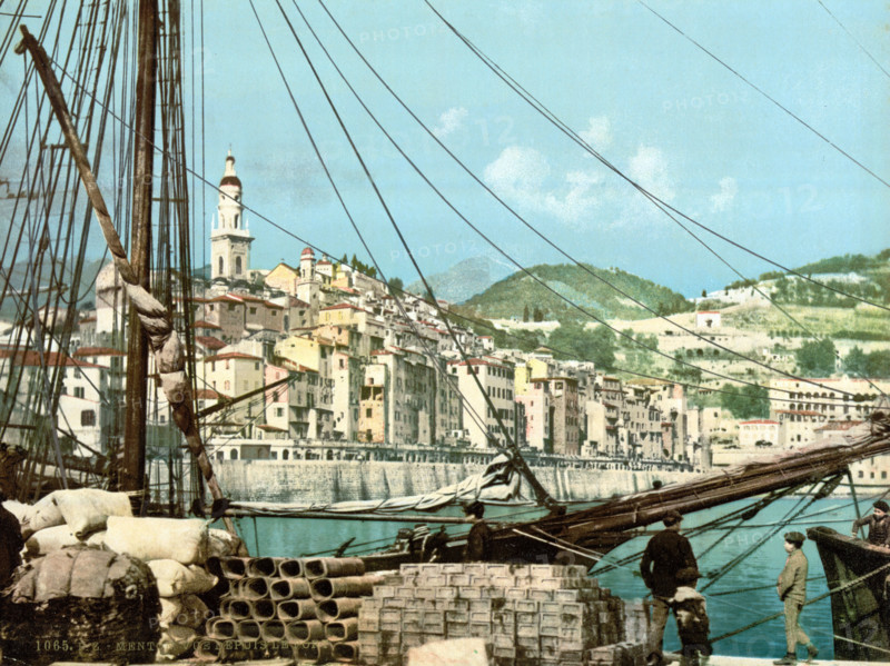 View from the harbor, Menton on the Riviera, France, around 1895, Historical, digitally restored reproduction from an original from the 19th century.
