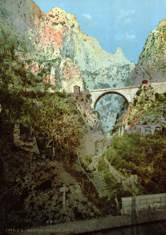 Bridge, Menton on the Riviera, France, around 1895, Historical, digitally restored reproduction from an original from the 19th century.