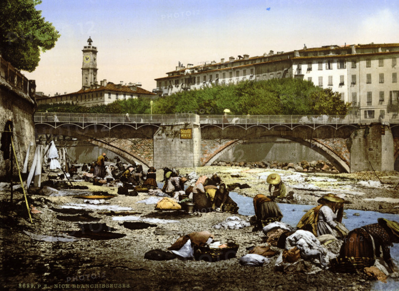 Washerwomen washing clothes in the river, Nice, France, around 1895, Historical, digitally restored reproduction from an original from the 19th century.