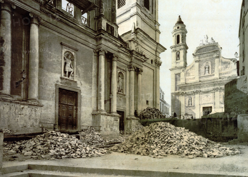 Church and rubble after earthquake, Italy, around 1895, Historical, digitally restored reproduction from an original from the 19th century.