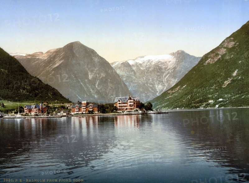 the town of Balestrand and the Kvikne Hotel, on the Sognefjord, Norway, around 1895, Historical, digitally restored reproduction from an original from the 19th century.