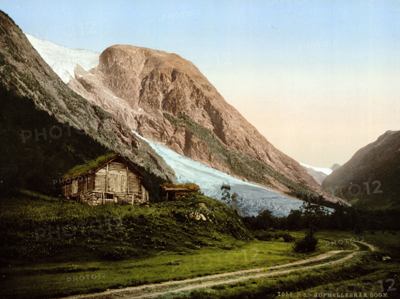 a glacier in the Fjærland area of Sogndal municipality in Vestland county, Norway, around 1895, Historical, digitally restored reproduction from an original from the 19th century.