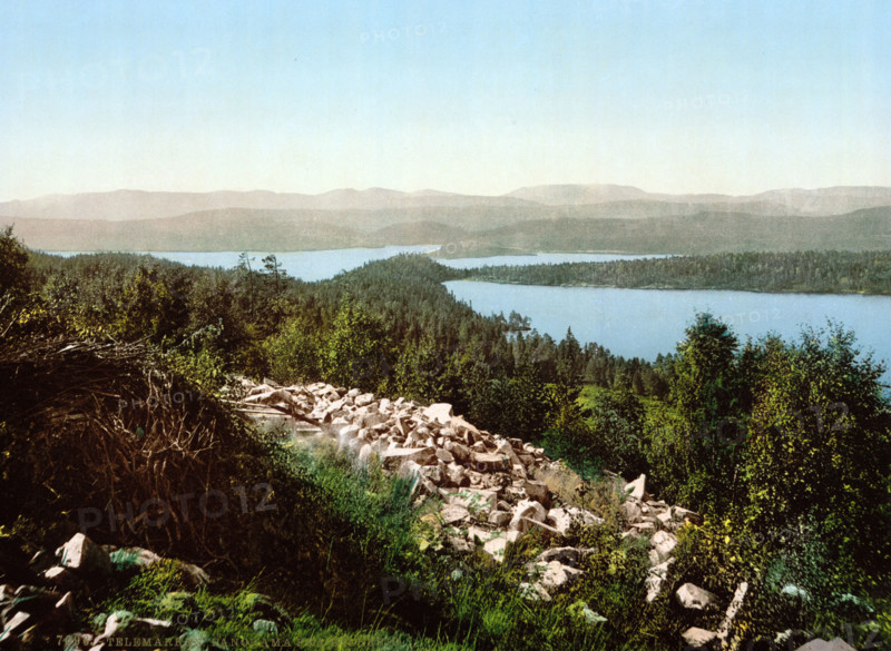 Panorama of Bolkesjo, Norway, around 1895, historical, digitally restored reproduction from an original from the 19th century.