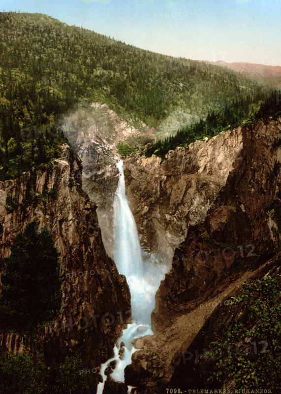 105 m high Rjukanfossen waterfall, Norway, around 1895, historical, digitally restored reproduction from an original from the 19th century.