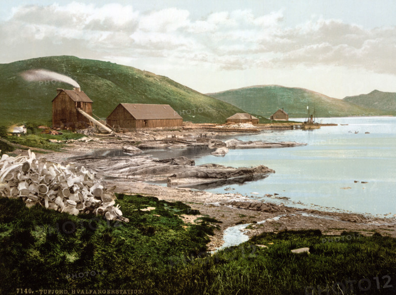 Whaling station in Tufjord, Norway, around 1895, historical, digitally restored reproduction from an original from the 19th century.