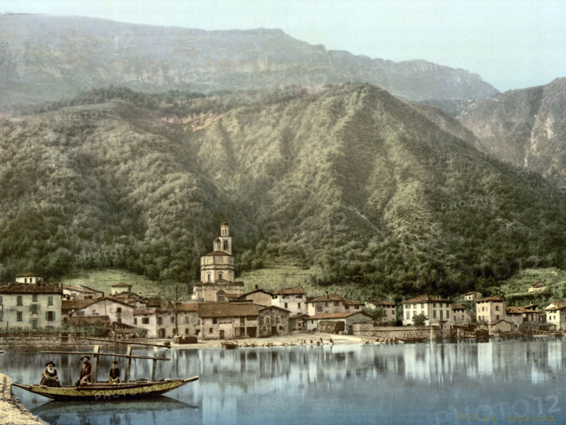Harbor district, Lake Lugano, Italy, around 1895, Historical, digitally restored reproduction from an original from the 19th century.