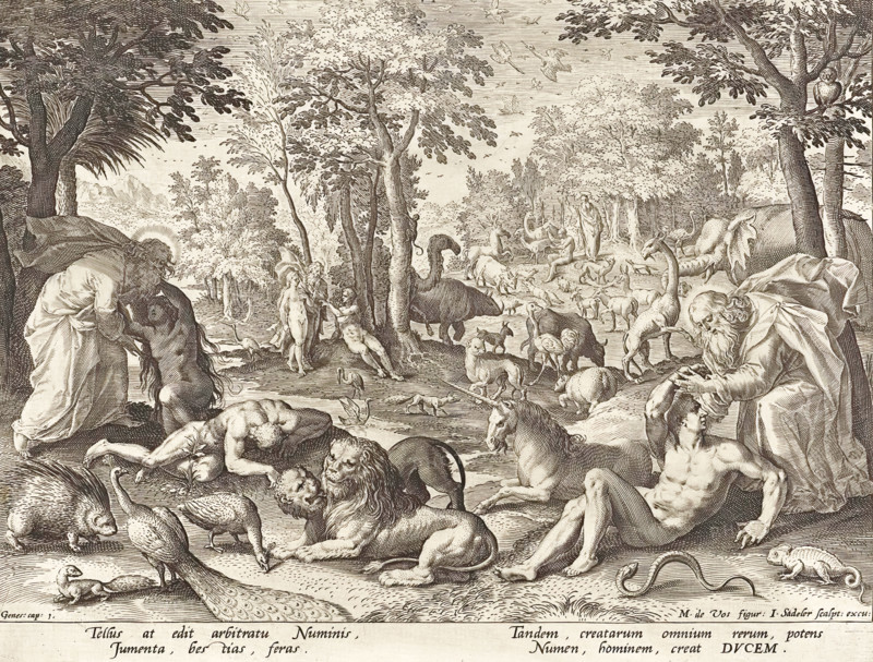 Creation of Adam and Eve and the animals. Origin, Antwerp. Date, 1588 - 1600, Johann Sadeler, Historical, digitally restored reproduction from an original from the 19th century.