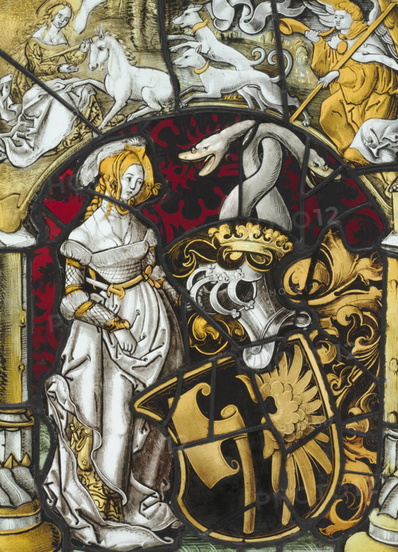 Coat of arms with the Lichtenfels coat of arms and a unicorn hunt, around 1515. Germany or Switzerland, historical, digitally restored reproduction from an original from the 19th century.