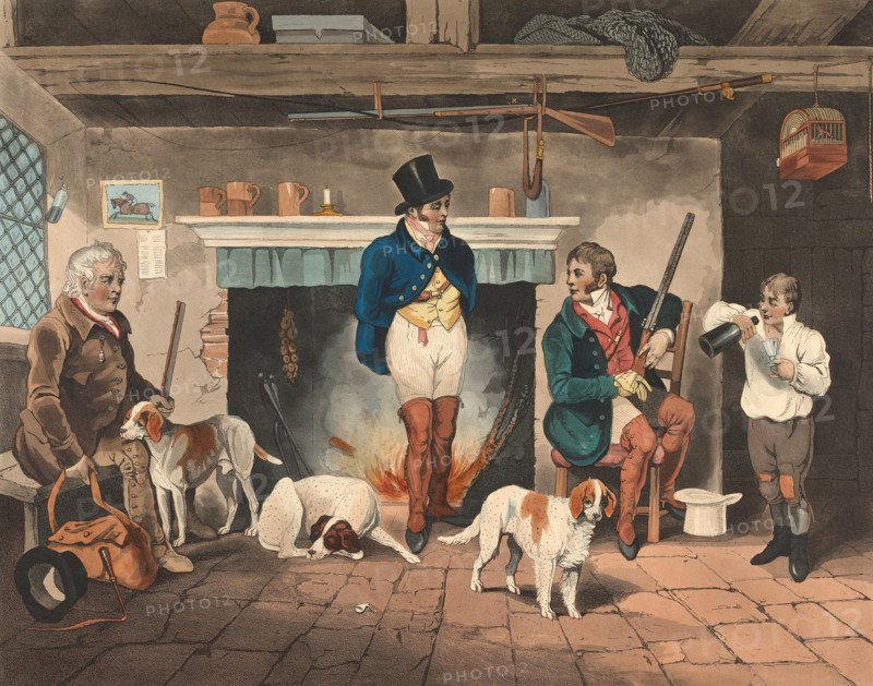 After the hunt, the hunting party with the hunting dogs is in a room, shooting, England, 1822, historical, digitally restored reproduction from an original from the 19th century.