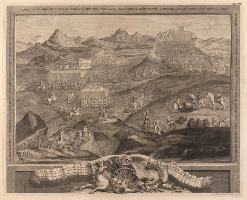 The Battle of Carberry-hill near Edinburgh with the surrender of Mary, Queen of Scots, to the confederate Lords of Scotland and the flight of Earl Bothwell, 1567, Historical, digitally restored reproduction from an original from the 19th century.
