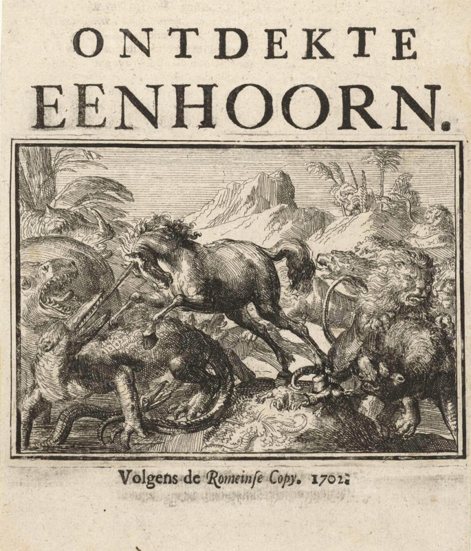Title page for the pamphlet, The Discovered Unicorn, 1701, Holland, Historical, digitally restored reproduction from an original from the 19th century.