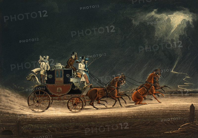 The stagecoach in a thunderstorm on Newmarket Heath, 1850, England, Historical, digitally restored reproduction from an original from the 19th century.