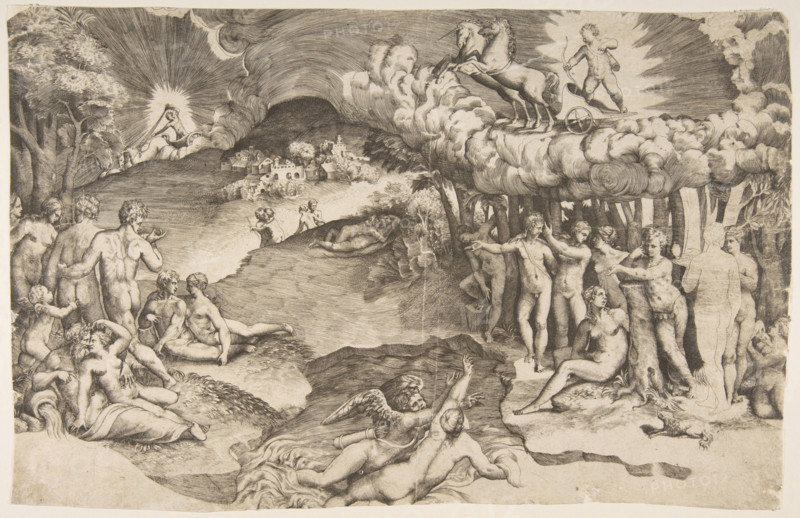 The Triumph of Love, Cupid riding a chariot drawn by a unicorn is seen upper right, nude figures fill the composition, 1545, Giulio Bonasone, Italy, Historical, digitally restored reproduction from a 19th century original.
