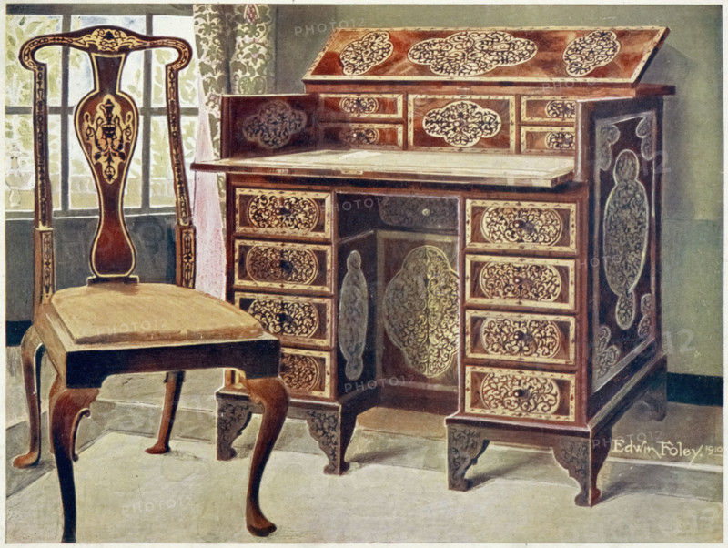 Furniture around the turn of the century 1900, desk with inlaid walnut wood (1911), Walnut inlaid writing-table (1911).