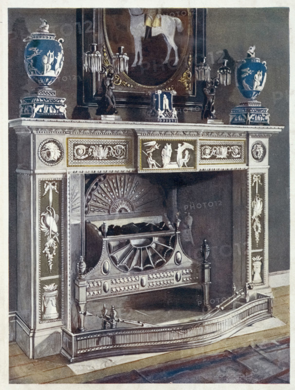 Furniture around the turn of the century 1900, White gilt and painted fireplace (1911), White gilt and painted settee (1911) .
