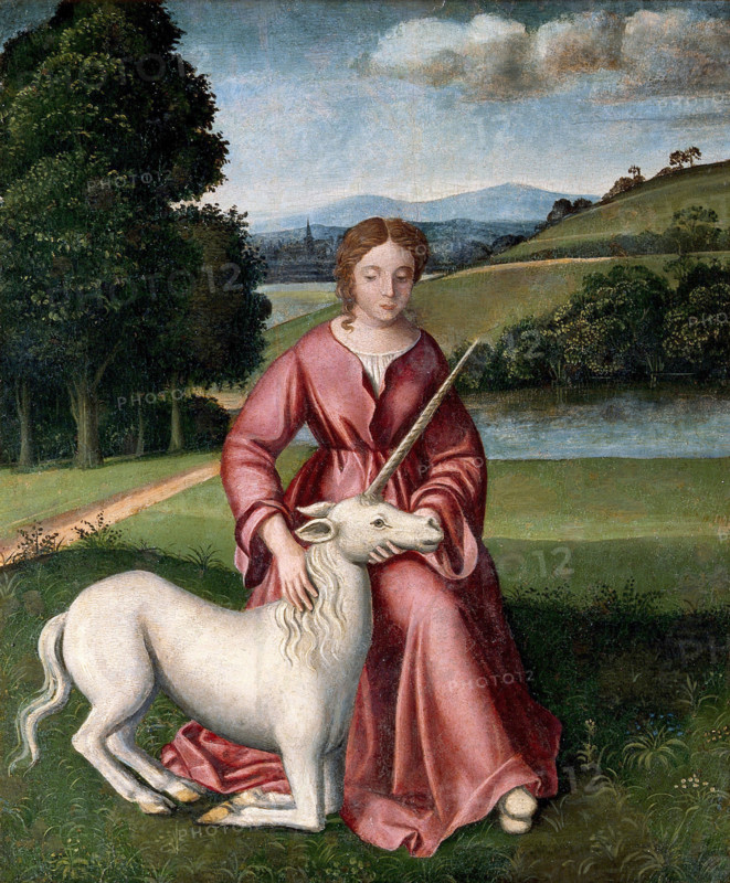 Chastity. Virgin, young woman with a unicorn in the meadow, oil painting by a follower of Timoteo Viti, historical, digitally restored reproduction of an original from the 19th century.