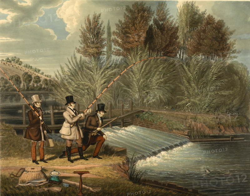 Fishing, couple fly fishing on the river, 1860, England, Historical, digitally restored reproduction from an original from the 19th century.