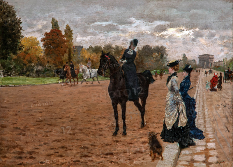 Giuseppe De Nittis 1846-1884 “The Amazon at the Bois de Boulogne” 1875, 31.5 x 42.5 cm oil on canvas.
